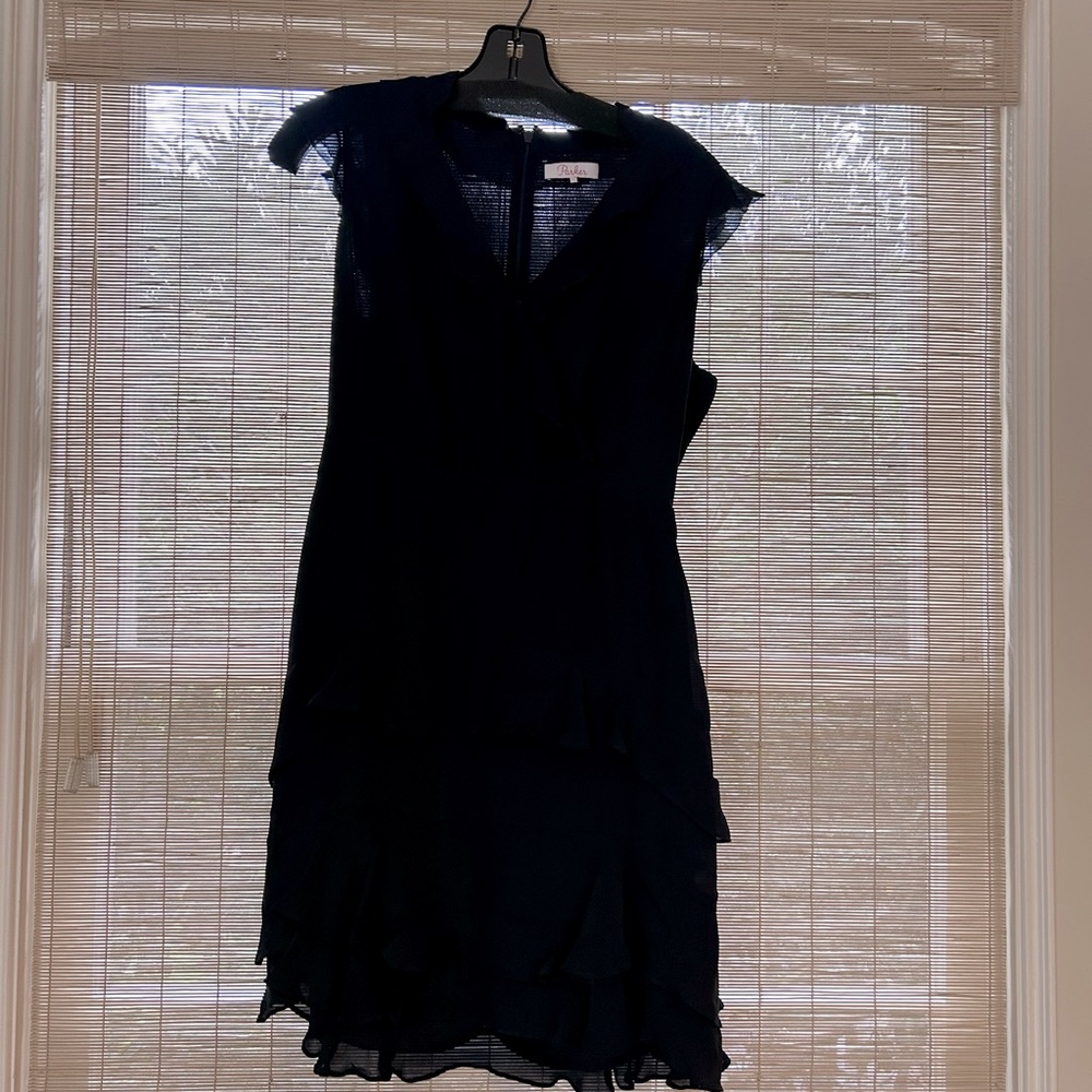Parker navy blue cap sleeve v-neck ruffle silk dress.